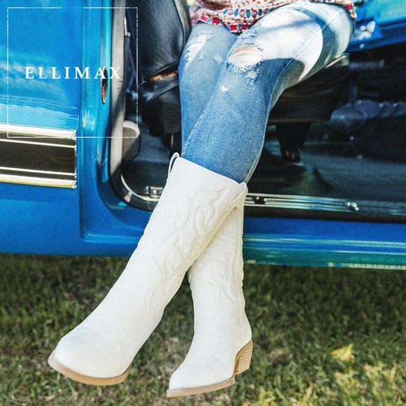 NEW Pointed Toe Embroidered Cowboy Cowgirl Western Mid-Calf High Boot Block Heel - Picture 2 of 10